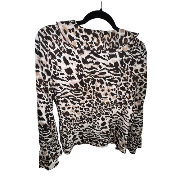 Leopard Print Blouse Ruffle Collar & Cuffs Medium Classic Boho Rock Punk Wild - Picture 2 of 6